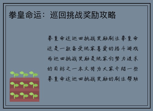 拳皇命运：巡回挑战奖励攻略