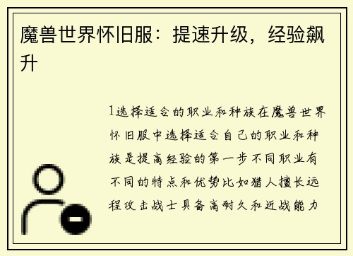 魔兽世界怀旧服：提速升级，经验飙升