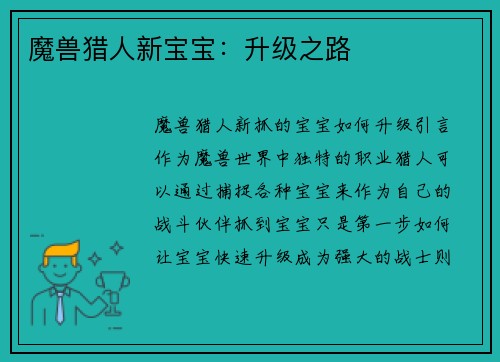 魔兽猎人新宝宝：升级之路